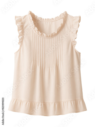 Sleeveless blouse with ruffle trim and pintuck accents.