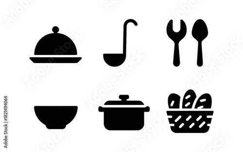 Collection of silhouette kitchen icons featuring utensils, cookware, and food elements