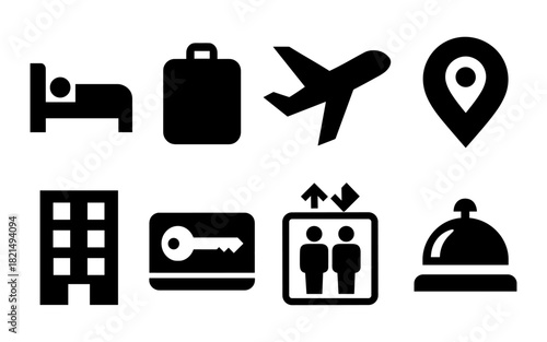 Travel and accommodation icon set: hotel, flight, luggage, check-in symbols