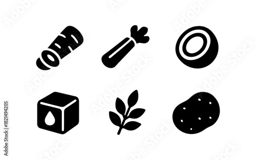 Set of flat food icons: carrot, celery, coconut, ice cube, herb, potato