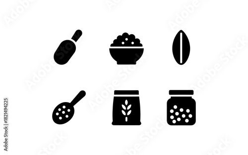 Simple black icons set of rice products and related items on white background