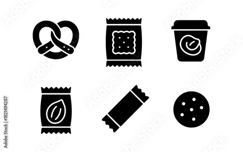 Minimalist snack icons: pretzel, cookie, chips, nuts, chocolate bar, biscuit