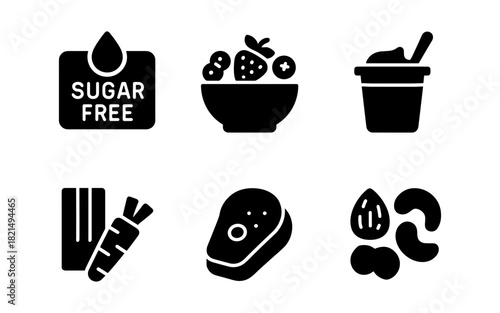 Healthy food icons: sugar free, fresh produce, yogurt, protein, nuts
