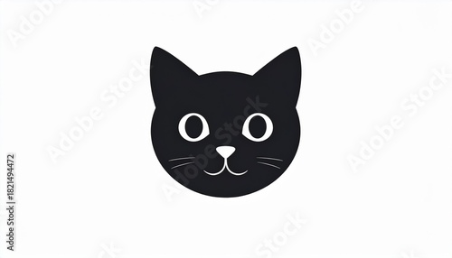 A simple and cute illustration of a black cat's face with large white eyes. This minimalist cartoon kitten head icon is isolated on a white background