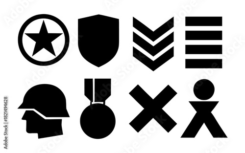 Military icons set featuring badges, soldier silhouettes, and rank insignia