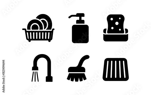 Kitchen cleaning icons: minimalistic black silhouettes of soap, sponge, dishes
