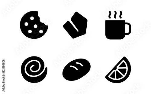 Minimalist black silhouette icons of snacks and drinks for modern designs