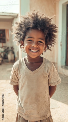 Smiling Child With Curly Hair in a Casual Setting During Daylight
