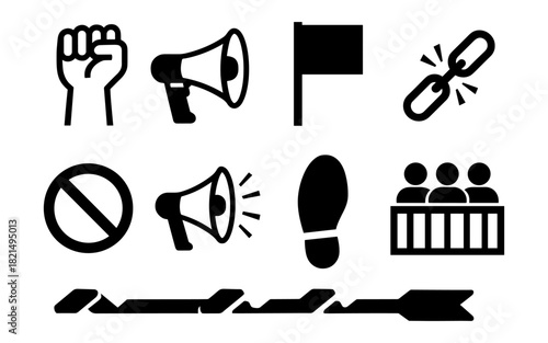 Political activism icons set featuring megaphone, fist, and protest symbols