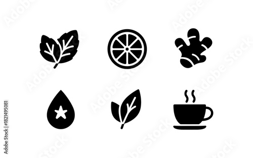 Black and white herbal icons: leaves, citrus, ginger, essential oil, tea