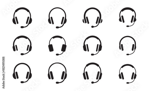 Headset and headphone icon set. Vector collection of customer service, call center, and gaming equipment symbols isolated on white. Illustration eps 10