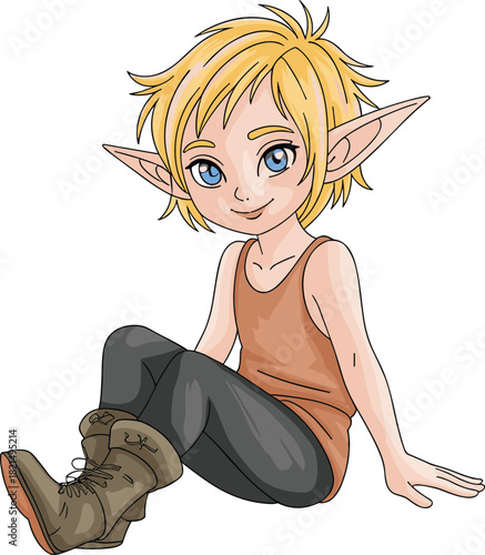 Cartoon elf character sitting pose, spiky blond hair, pointed ears, fantasy illustration with boots and casual outfit