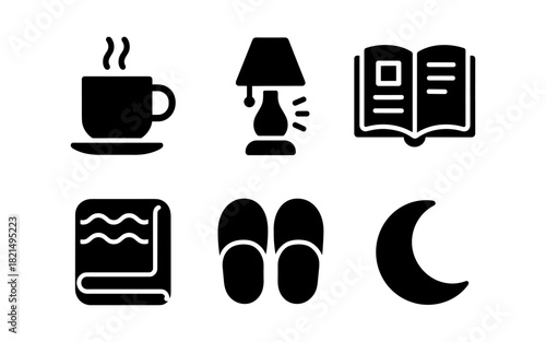 Cozy evening silhouette icons: lamp, cup, book, slippers, moon