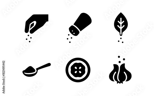 Set of kitchen ingredient icons in solid style: salt, pepper, herb, garlic, spoon, slice