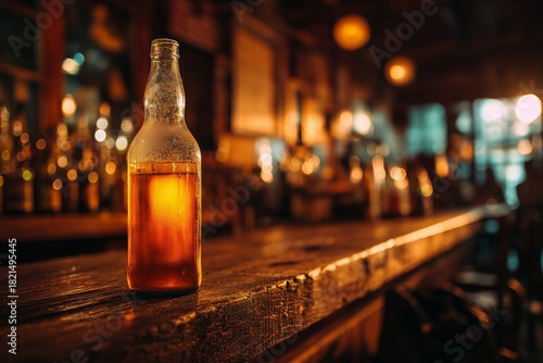 Beer Bottle on a Wooden Bar in a Dimly Lit Venue During the Evening