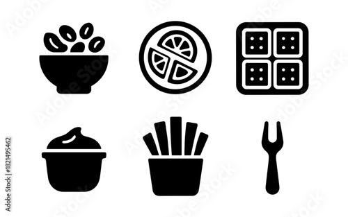 Minimalist food icons set featuring bowl, pizza, cookies, dessert, fries, fork