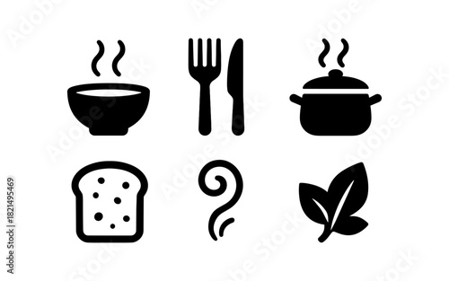 Minimalist cooking icons set: essential kitchen tools and ingredients in silhouette design