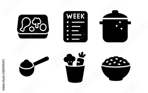 Meal preparation icons: silhouette style for weekly planning and cooking