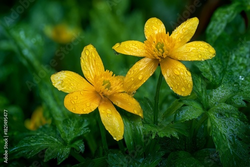 Bright Yellow Flowers With Droplets in a Lush Green Garden After Rain