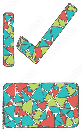 Stylized Checkmark and Rectangular Box with Colorful Hand drawn Geometric Triangle Mosaic Pattern Against Black on a Transparent Background