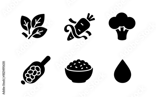 Set of six food icons in modern silhouette style featuring vegetables and grains