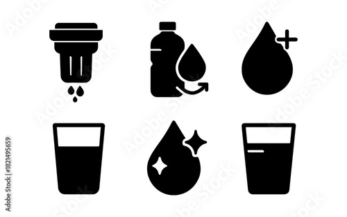 Water filtration icons: clean water symbols in bold black silhouette style