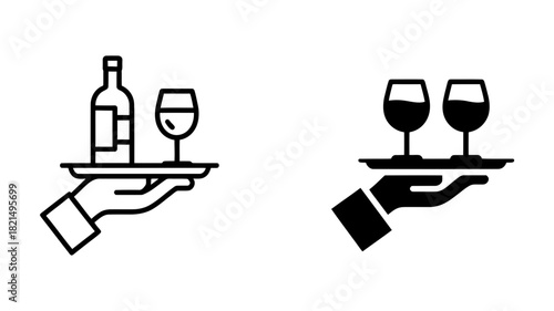 Service and hospitality vector icons featuring a hand holding a tray with a wine bottle and glass, alongside another tray with two full wine glasses.