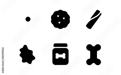 Pet treat icons set: silhouette style collection of dog snacks and biscuits