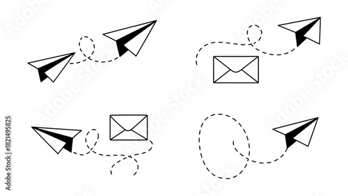Paper airplane and envelope icons with dotted flight paths, symbolizing communication, message delivery, and digital connection services