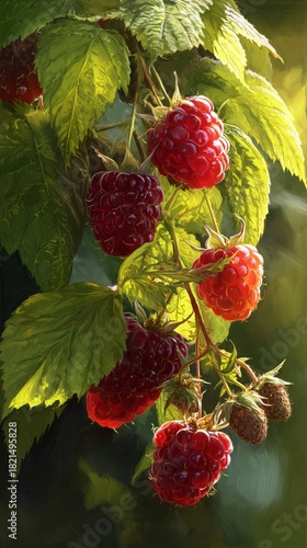 Ripe Raspberries Hanging From Green Leaves Under Soft Sunlight in a Garden