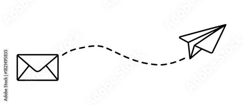 Email message sending icon with paper airplane and envelope. outline illustration representing communication, delivery, and digital correspondence.
