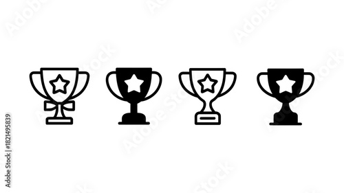 Set of four distinct outline and filled trophy cup icons featuring stars, symbolizing victory, award, achievement, success, competition, and challenge