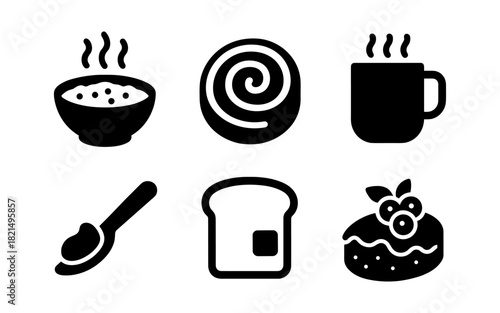 Minimalist breakfast icons: coffee, cereal, pastry, bread, and cake in black silhouette design