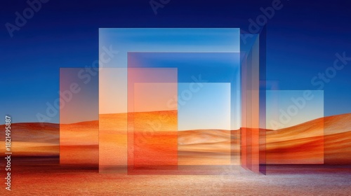 Abstract layered rectangles in warm desert tones against a vibrant blue sky, creating a surreal landscape