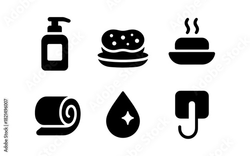 Simple hygiene and cleaning icons in black silhouette for daily essentials