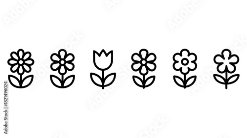 Minimalist black outline flower icons set, featuring various bloom shapes including daisies and a tulip, simple vector illustrations for design projects.