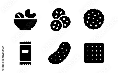 Minimalist snack icons collection including cookies, crackers, and cashews