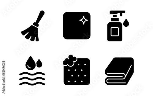 Set of cleaning icons: minimalistic black silhouettes for household tools and products