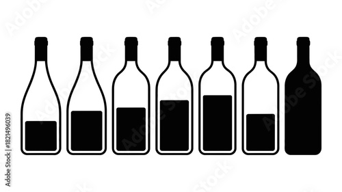 Row of black and white wine bottle icons with varying liquid fill levels, from empty to nearly full, illustrating beverage consumption or inventory concepts.