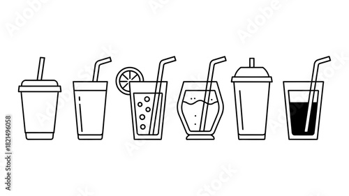 Collection of outlined beverage cups and glasses with straws, depicting various refreshing drinks suitable for cafe, bar, takeout, or party concepts now