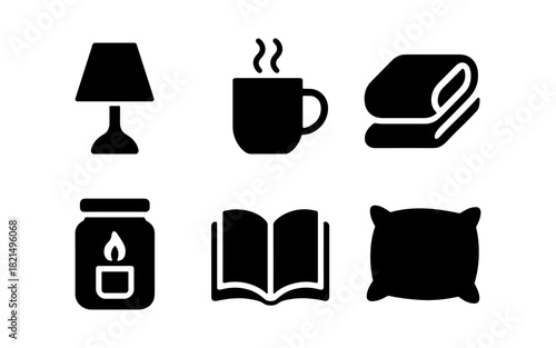 Minimalist cozy home icons: lamp, mug, blanket, candle, book, pillow silhouettes