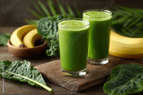 Healthy Green Smoothie Made With Kale and Bananas on a Wooden Table