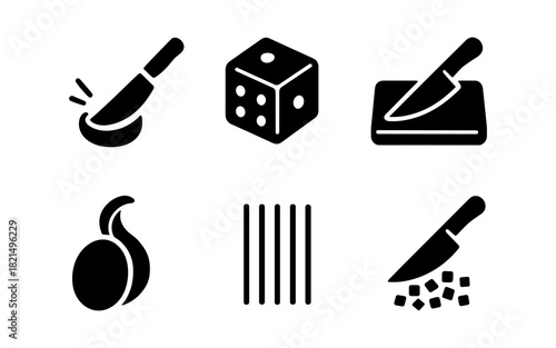 Culinary icons: knife, cutting board, dice, onion, and slicing patterns in bold black silhouette style