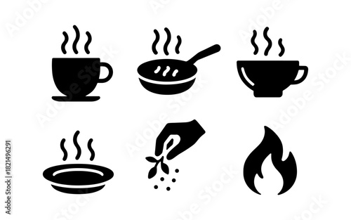 Hot beverage and cooking icons with steam and fire