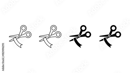 Scissors cutting ribbon icon set, perfect for grand opening ceremonies, business events, special occasions, new beginnings, and celebration symbols