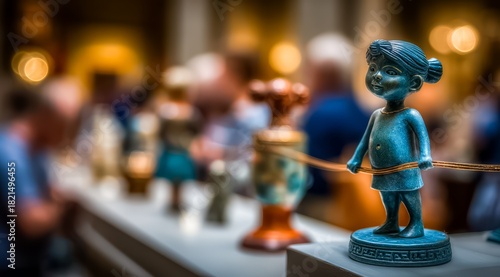 Fototapeta Naklejka Na Ścianę i Meble -  Group of people are standing behind a display of figurines, including a small statue of a girl