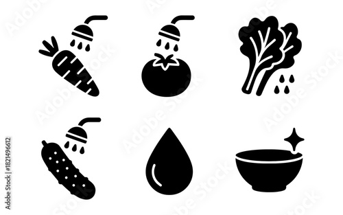 Minimalist icons of fresh vegetables and water elements in black silhouette