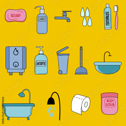 Bathroom accessories icon set. Cartoon hygiene items and furniture. Bathroom interior isolated set.