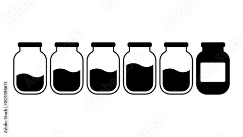 Progressive filling of six minimalist jars illustration, showing liquid levels increasing, ideal for growth, measurement, status, data concepts.