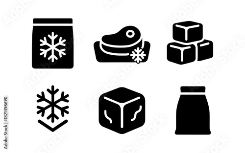 Silhouette frozen food icons: ice cubes, meat, snowflake symbols